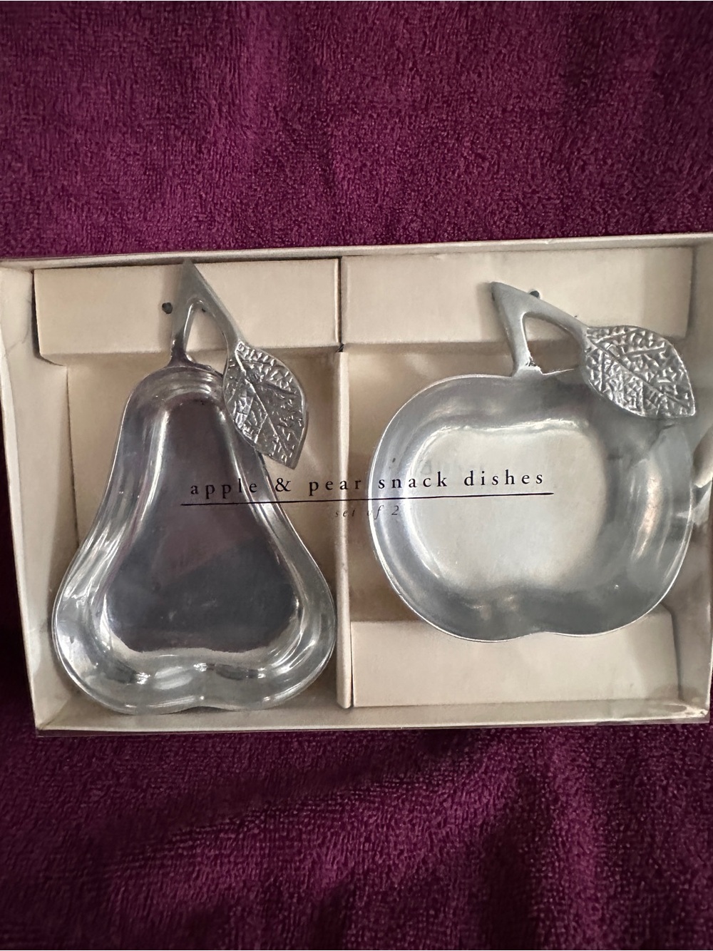PIER 1 IMPORTS Set of 2 Apple and Pear Snack dishes silver Aluminum - NIB